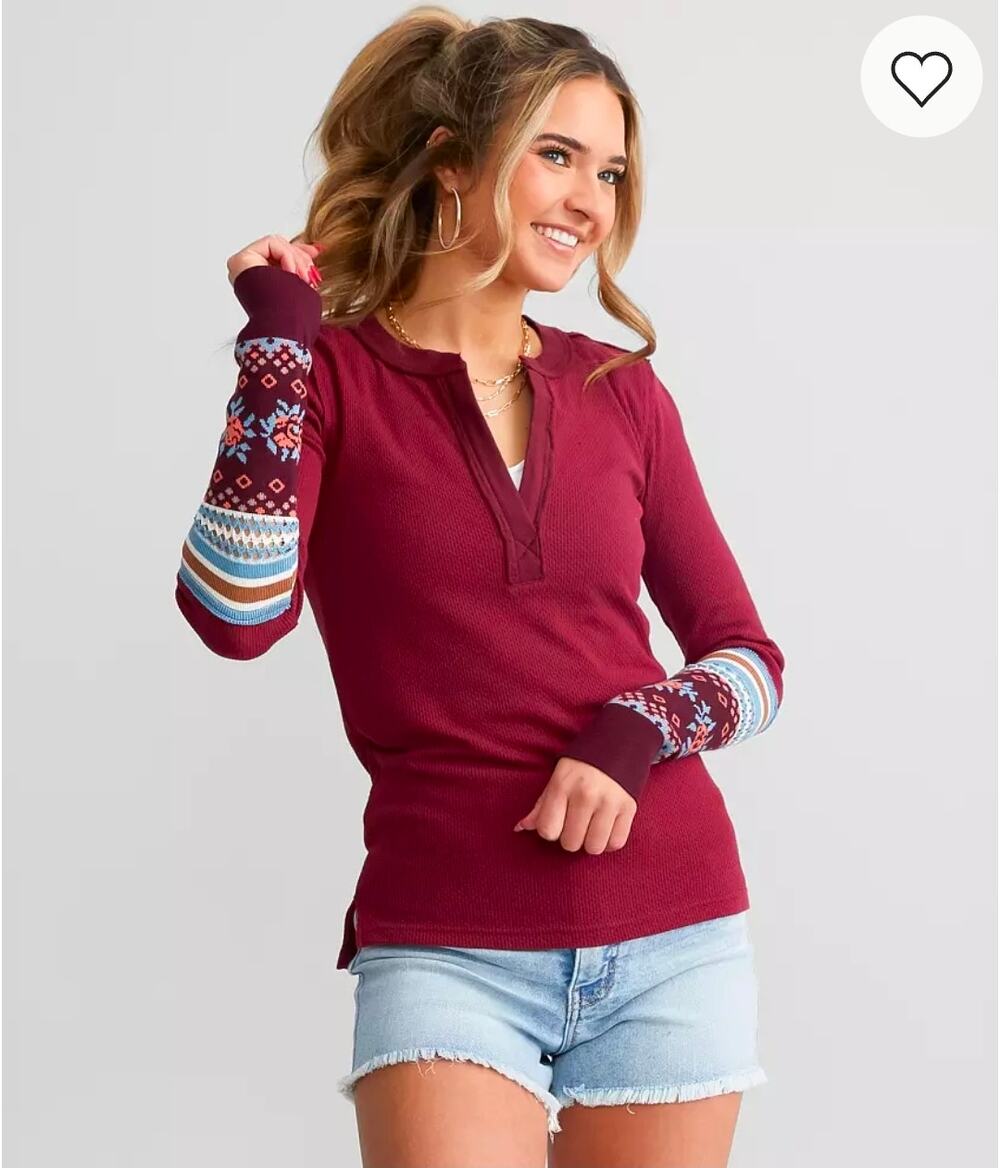 Free People We The Free Mikah Notch Neck Thermal Top L Wine Floral Cuff